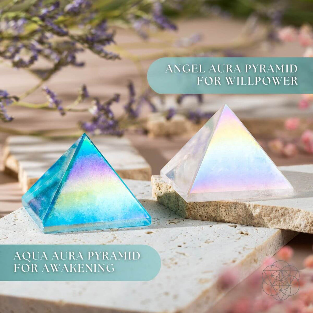 Aqua & Angel Aura Quartz Pyramids – Iridescent Crystal Decor