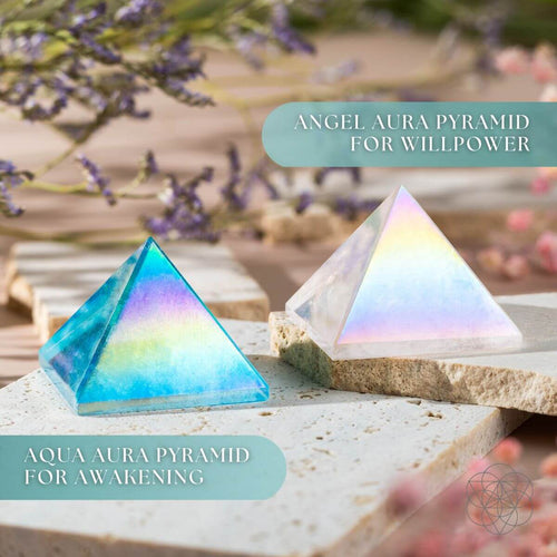 Aqua & Angel Aura Quartz Pyramids – Iridescent Crystal Decor