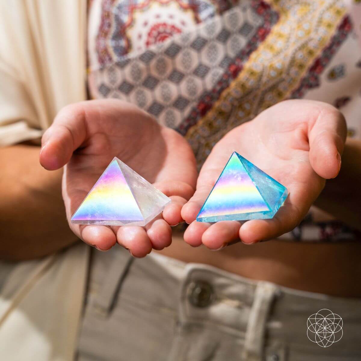 Aqua & Angel Aura Quartz Pyramids – Iridescent Crystal Decor